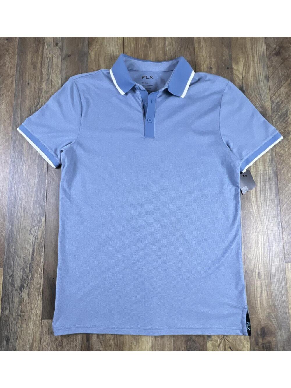 New FLX Tipped Urban Commuter Button-Up Polo Shirt Small Blue white accents NWT